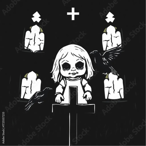 A haunted doll staring through cracked windows in a dark castle surrounded by raven perched on a cross.