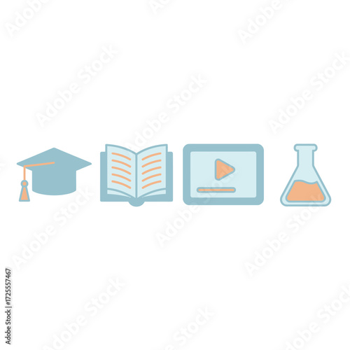 Digital learning and science education icon set. A vector graphic collection featuring a mortarboard, textbook, media player, and laboratory flask