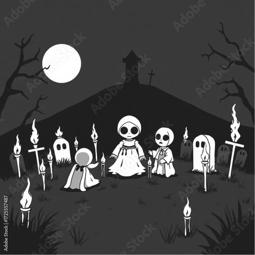 A haunted doll gathering for a midnight ritual in a shadowy cemetery hill surrounded by flickering torches.