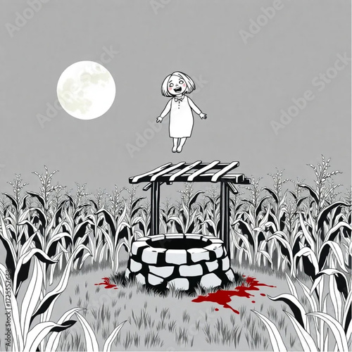 A haunted doll floating near the old well in a eerie cornfield surrounded by blood-stained moon.