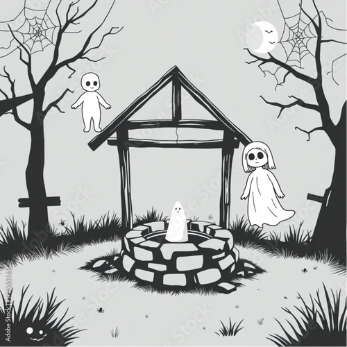 A haunted doll floating near the old well in a foggy graveyard surrounded by spider webs.
