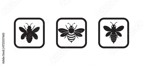 Minimalist bee icon with black and white design, Bee silhouette, Honeycomb hive symbol, Vector illustration EPS 10.