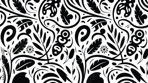Seamless Black and White Botanical Vector Pattern with Leaves and Abstract Nature Shapes