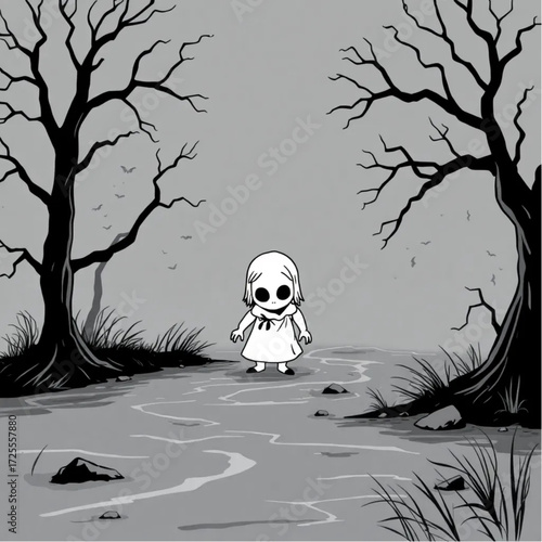 A haunted doll creeping through the darkness in a foggy riverbank surrounded by twisted trees.