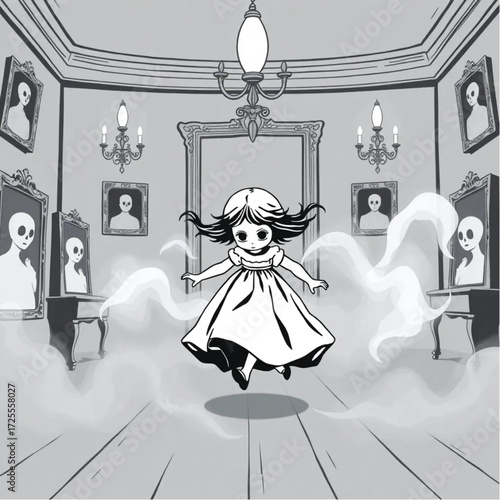 A haunted doll chasing through the mist in a phantom-filled ballroom surrounded by haunted portraits.