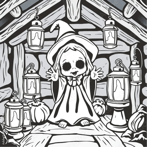 A haunted doll chanting ancient spells in a old witch's cabin surrounded by rusty lanterns.