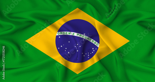 Realistic Brazil flag waving. Close up of flag of Brazil with cloth texture
