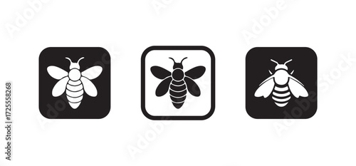 Minimalist bee icon with black and white design, Bee silhouette, Honeycomb hive symbol, Vector illustration EPS 10.