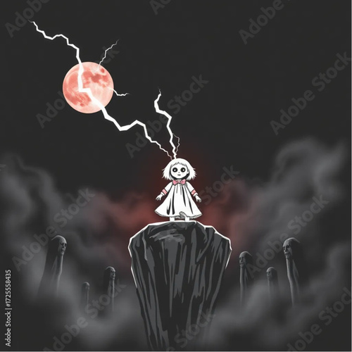 A haunted doll appearing in a sudden flash of lightning in a blood-red moonlit cliff surrounded by fog-shrouded statues.