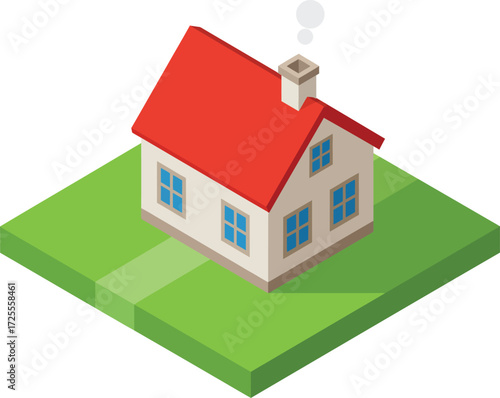 Isometric 3d rendering of a charming residential house with red roof on a green lawn isolated on transparent background
