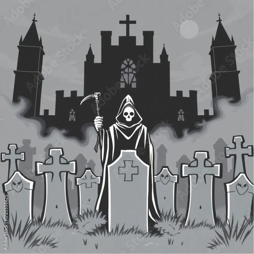 A grim reaper watching from behind the tombstones in a dark castle surrounded by fog-shrouded statues.