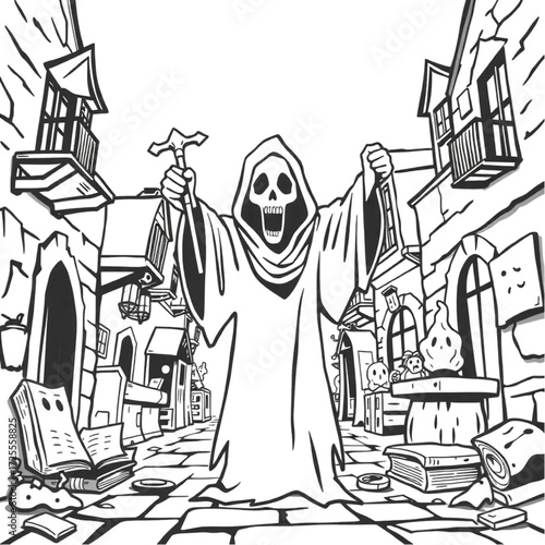 A grim reaper screaming silently in a ghost town street surrounded by ancient spellbook.