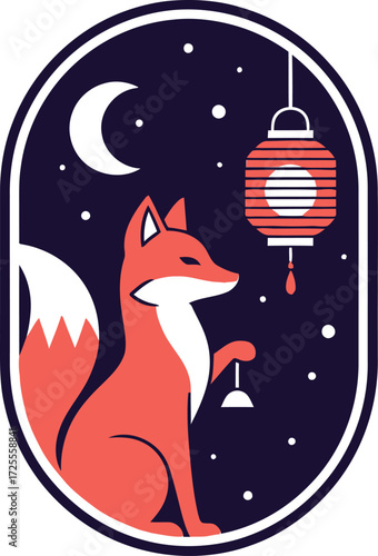 Red fox sitting under a starry night sky with a lantern.
