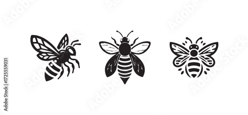 Minimalist bee icon, cartoon bee flying, bee logo silhouette, isolated on white background, Vector illustration EPS 10.
