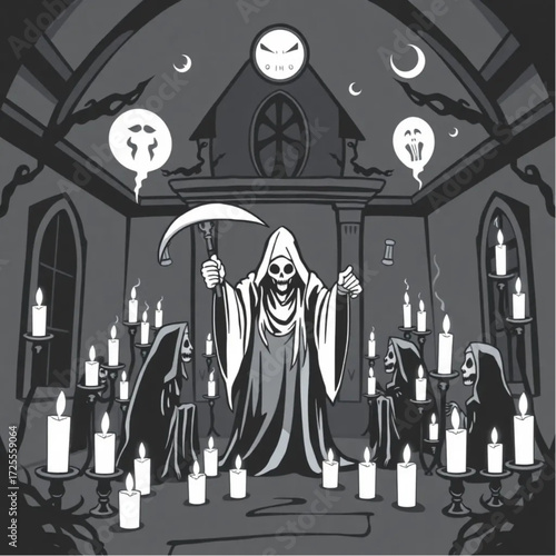 A grim reaper gathering for a midnight ritual in a haunted mansion surrounded by floating candles.