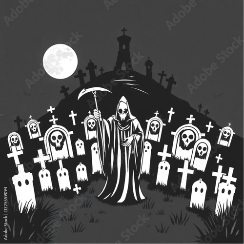A grim reaper gathering for a midnight ritual in a shadowy cemetery hill surrounded by haunted portraits.