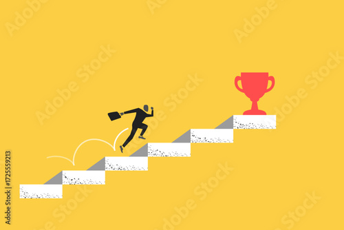 Businessman step up on stairs to reach winner achievement trophy on top of the stair case. concept of Success in business, career opportunity or business growth to reach target