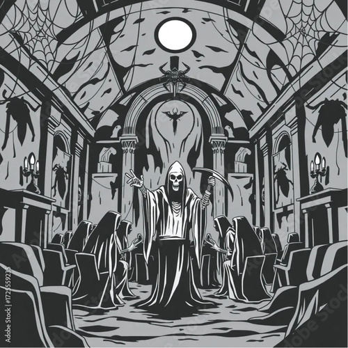 A grim reaper gathering for a midnight ritual in a decaying opera house surrounded by spider webs.