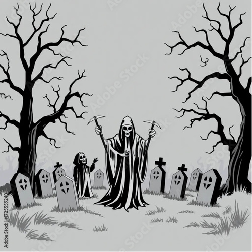 A grim reaper gathering for a midnight ritual in a foggy graveyard surrounded by twisted trees.