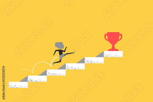 Business woman step up on stairs to reach winner achievement trophy on top of the stair case. concept of Success in business, career opportunity or business growth to reach target