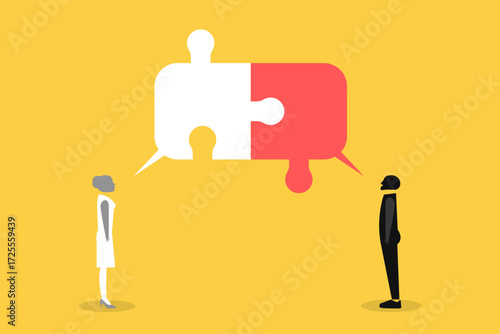 Business team Connected jigsaw puzzle speech bubbles. concept of Discussion, conversation or brainstorming for idea, meeting, debate or team communication, colleague chatting, opinion