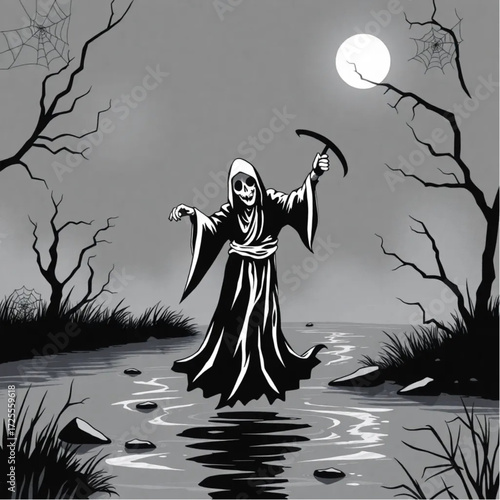 A grim reaper dancing under the moonlight in a foggy riverbank surrounded by spider webs.