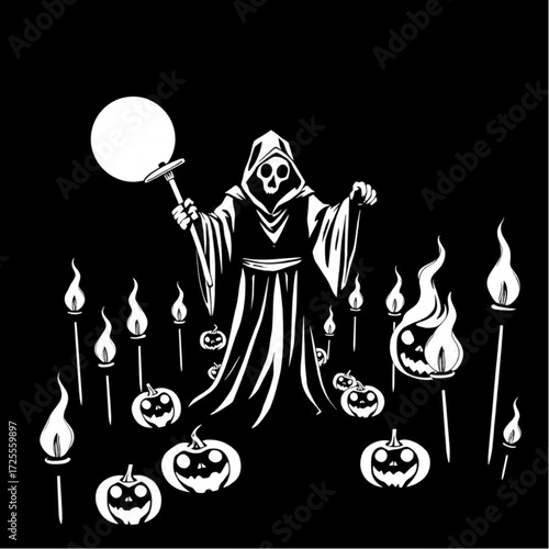 A grim reaper creeping through the darkness in a glowing jack-o'-lantern trail surrounded by flickering torches.