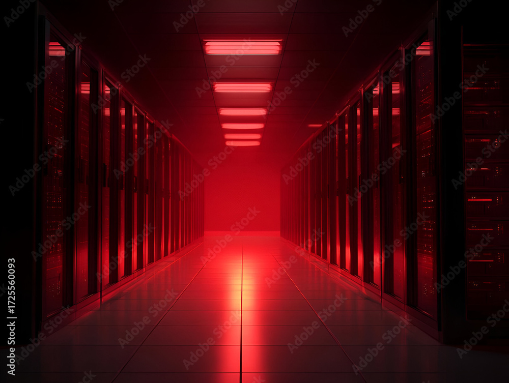 Fototapeta premium A futuristic data center illuminated by red lights, showcasing advanced server racks.