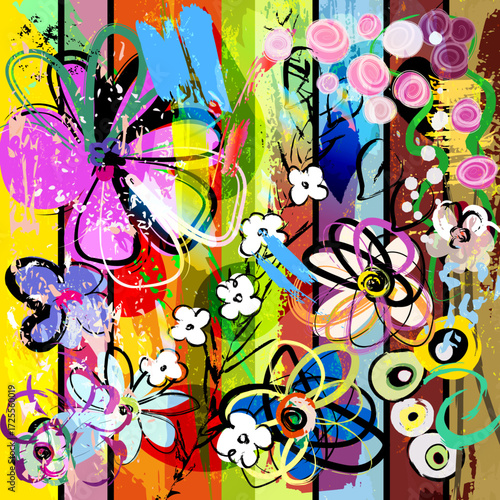 abstract background composition with flowers, with paint strokes, splashes and geometric lines