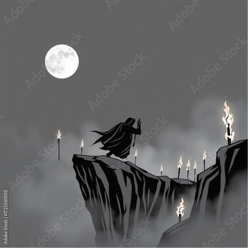 A grim reaper chasing through the mist in a blood-red moonlit cliff surrounded by flickering torches.