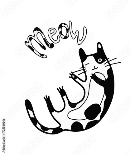 Cartoon cat drawing on separate white background with meow written. Postcard or logo for creating a corporate identity or school sketchbook. Vector.