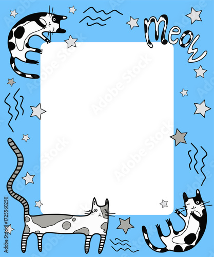 Background or frame with cute cats and mew messages with stars. Funny characters for decoration and design. Hand-drawn. Vector.