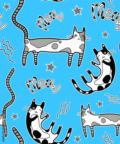 Seamless background with cats in a cartoonish children's style on a separate background with meow captions. Wallpaper or fabric for cute decoration and design. Vector.