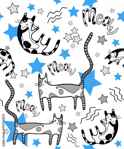 Seamless background with cats in a cartoonish children's style on a separate background with meow captions. Wallpaper or fabric for cute decoration and design. Vector.