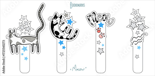 A set of book bookmarks with cute cats, inscriptions and stars. Fashionable accessories for school and hobbies. Vector.