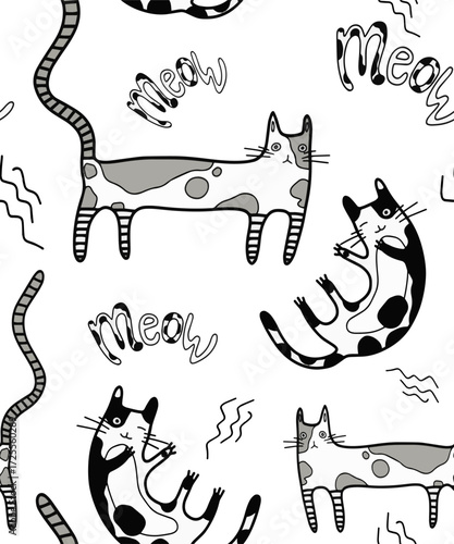 Seamless background with cats in a cartoonish children's style on a separate background with meow captions. Wallpaper or fabric for cute decoration and design. Vector.