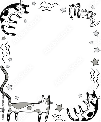 Background or frame with cute cats and mew messages with stars. Funny characters for decoration and design. Hand-drawn. Vector.