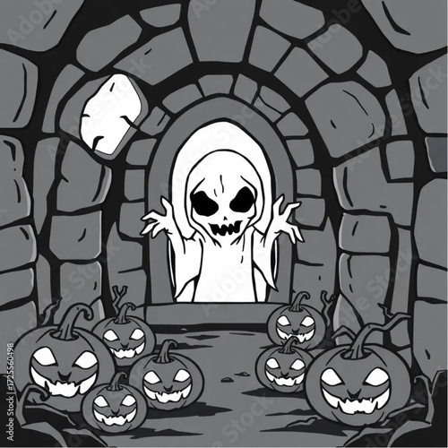 A ghoul staring through cracked windows in a ancient crypt surrounded by glowing jack-o'-lanterns.