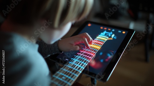 Child plays virtual guitar on tablet