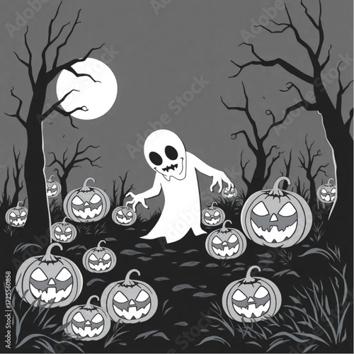 A ghoul lurking in the shadows in a moonlit swamp surrounded by glowing jack-o'-lanterns.