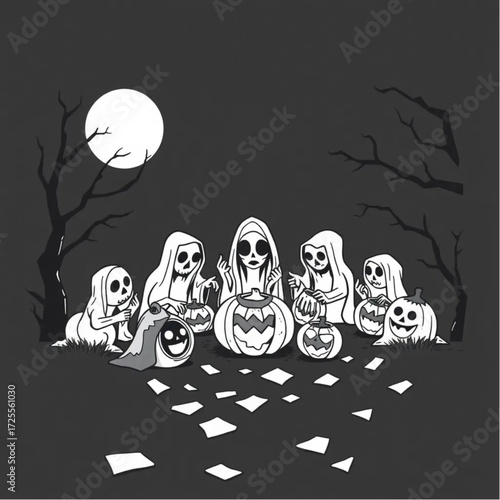 A ghoul gathering for a midnight ritual in a glowing jack-o'-lantern trail surrounded by broken mirror.
