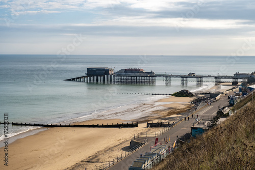 High up view over Cromer beach on the North Norfolk Coast. Captured on a bright and sunny day