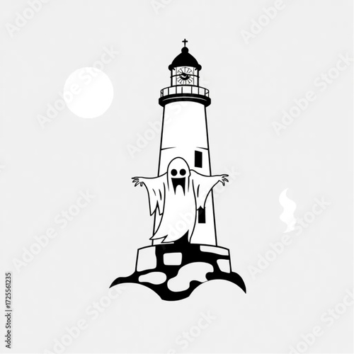 A ghoul emerging from the fog in a haunted lighthouse surrounded by flickering torches.