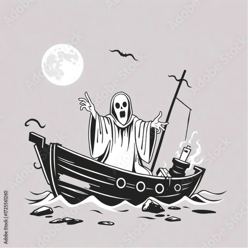 A ghoul chanting ancient spells in a haunted shipwreck surrounded by blood-stained moon.