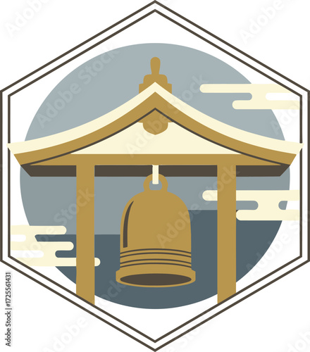 Traditional Japanese Temple Bell Vector Icon Illustration.