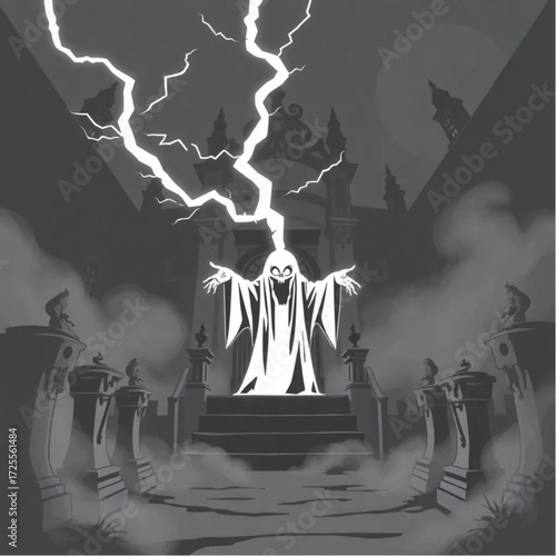 A ghoul appearing in a sudden flash of lightning in a haunted mansion surrounded by fog-shrouded statues.