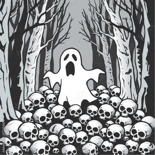A ghost screaming silently in a creepy forest surrounded by pile of skulls.