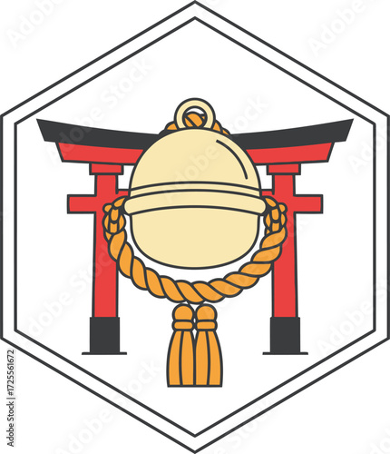 Traditional Suzu Bell with Shimenawa Rope at a Shinto Torii Gate.