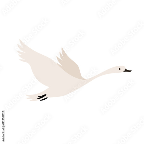 Cute swan in sky. Contour vector illustration in flat style isolated on white background.