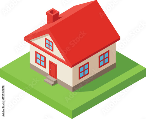 Cozy suburban house with red roof and green lawn isolated isometric view isolated on transparent background